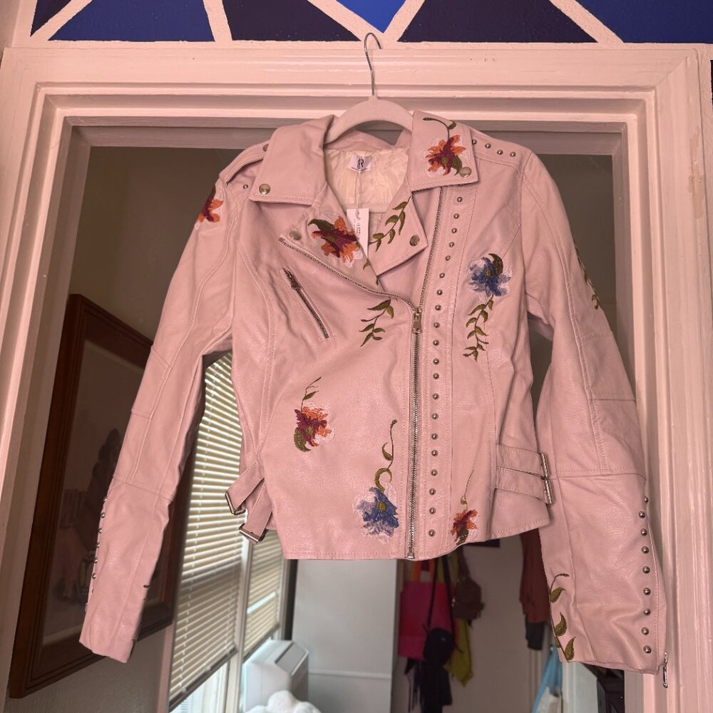 NWT Bellezzar Republic faux leather studded and embroidered jacket